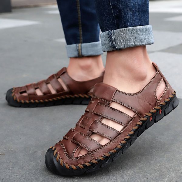 

mens casual shoes genuine leather men walking shoe man classic roman cowhide sandals summer outdoor beach sandals male sneakers, Black