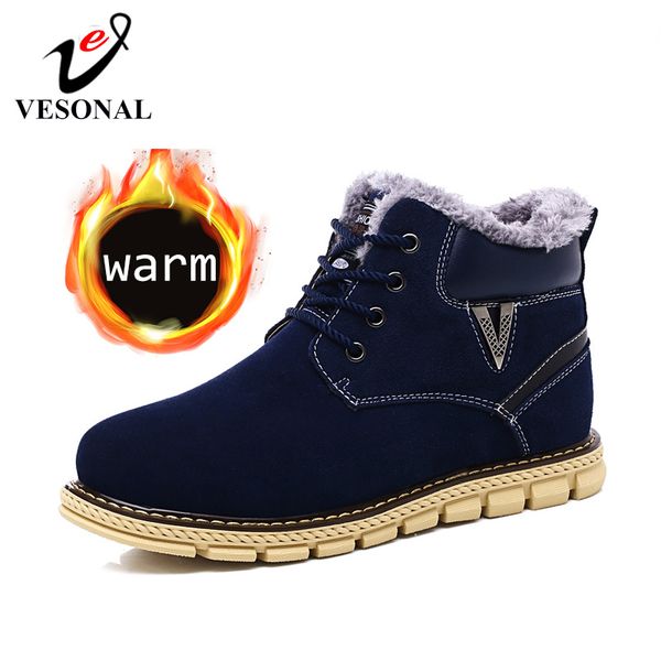 

vesonal 2019 winter vintage genuine leather warm ankle snow men boots shoes with fur plush male casual boot sneakers footwear, Black