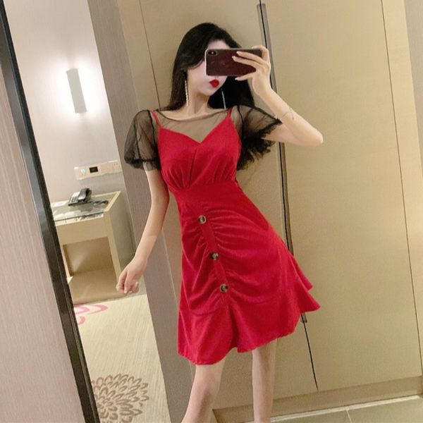 

2020 new korean-style bottom mesh sling v-neck high waist slim dress two-piece suit female fashion, White;black