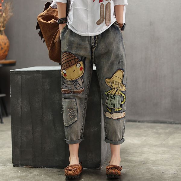 

autumn winter women elastic waist cotton denim pants retro patchwork embroidery harem pants loose vintage jeans plus size d426, Blue