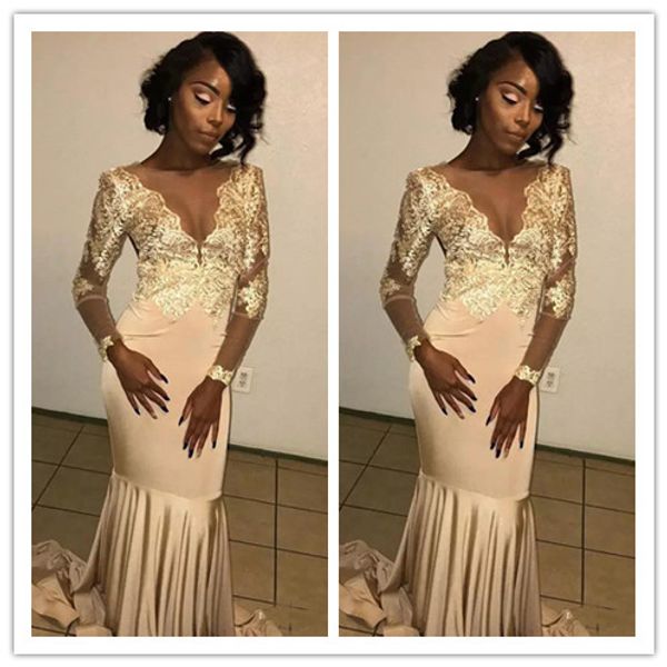

2019 Sheer Long Sleeves Mermaid Prom Dresses With Gold Lace Appliques Formal Evening Party Gowns Cheap Vestidos De Soiree
