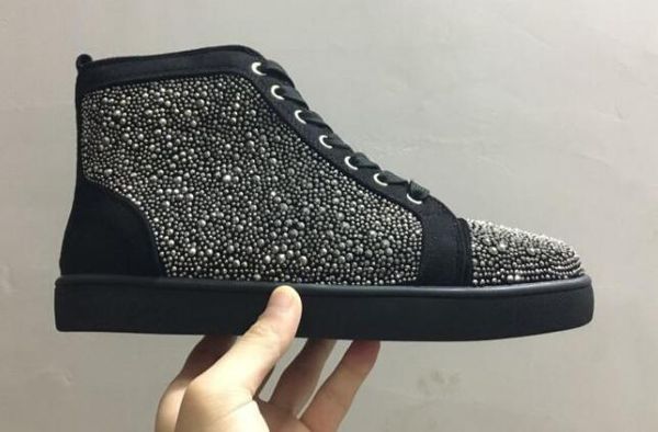 

2019 new wholesale new 6 colors brand crystals diamond leather men's sneakers shoes high-red bottom casual party shoes k22, Black