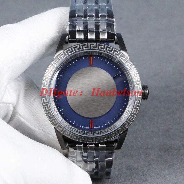 

fashion blue dial men watch pvd black stainless steel bracelet carved bezel mysterious designer orologio di lusso, Slivery;brown