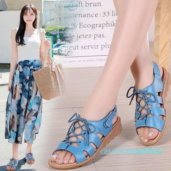 

genuine leather women sandals shoes woman lace-up wedge sandals shoes ladies beach summer slingback students flipflops l02, Black