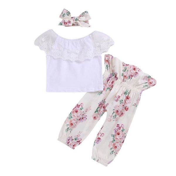 

baby girls lace print sleeveless floral print pants head scarf 3cps foreign trade children's clothes baby girls cloths kids, White