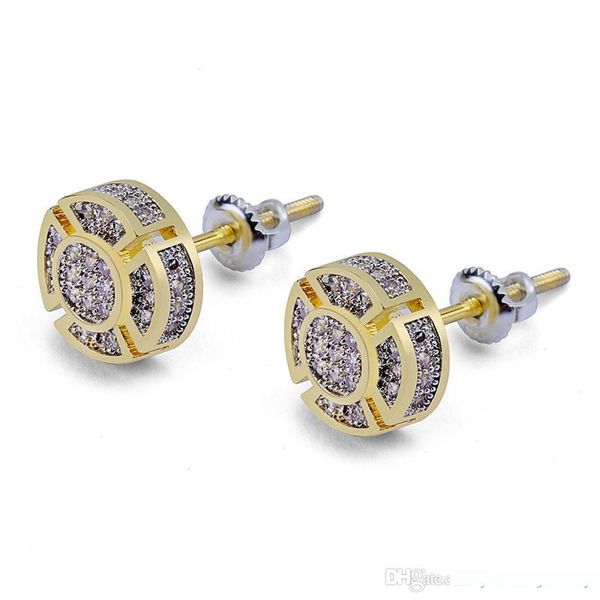 

gold plated iced out cz premium diamond cluster zirconia round screw back stud earrings for men hip hop jewelry, Golden;silver