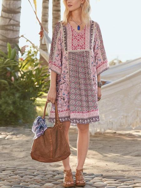 

women's loose knee length dress bohemian floral printed beach casual dress, White;black