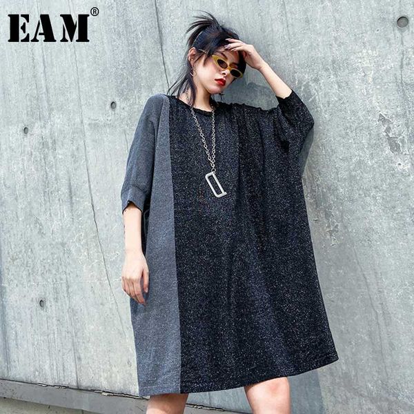 

eam] women contrast color big size dress new round neck three-quarter sleeve loose fit fashion tide spring autumn 2020 1n450, Black;gray