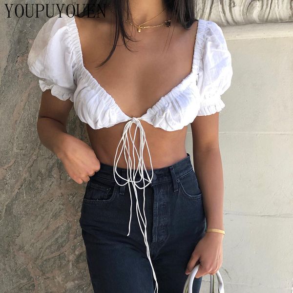 

укороченный crop с коротким рукавом доярка top sexy женские топы лето шнуровке bralette для женщин одежда tanktop обрезанное v шеи бюстье, White