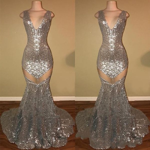 

2019 Sexy Deep V Neck Silver Mermaid Prom Dresses Guest Dress Open Back Sequined Formal Evening Gowns Sparkly Sequin Celebrity Party Dresses