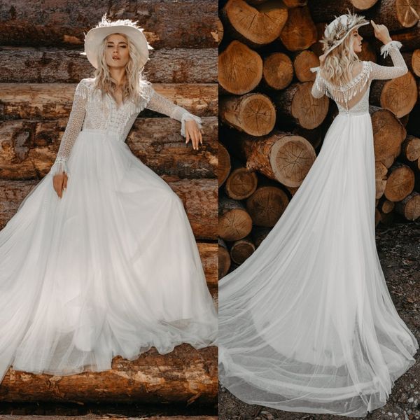 

2020 bohemian wedding dresses jewel long sleeves lace appliques bridal gowns kuznetcova sweep train a line wedding dress robe de mariee, White