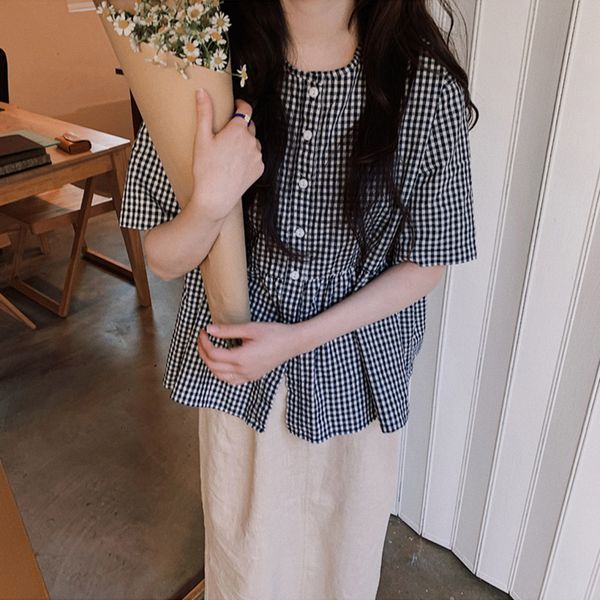 

2020 summer korean style fashion two piece sets outfits womens short sleeve single breasted plaid and high waist long skirt, White