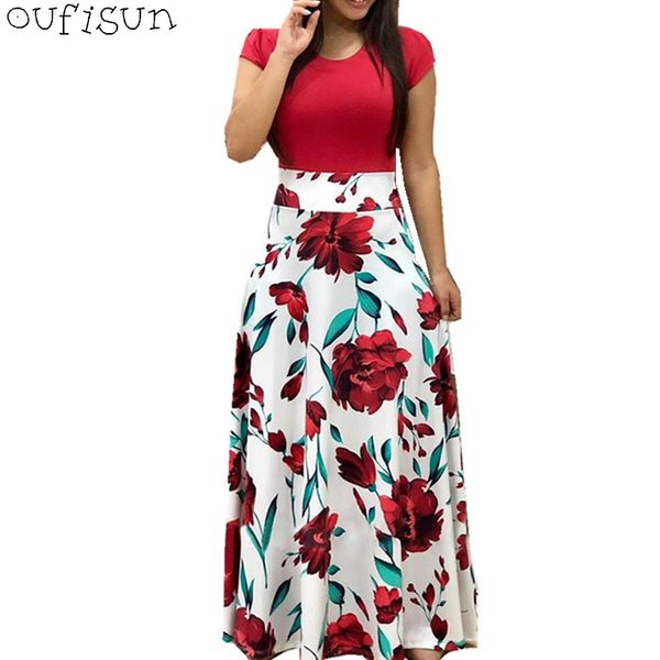 

Oufisun Summer Solid V-neck Short Sleeve Women's Dress 2018 Casual Flower Print Empire Dresses Fashion A-line Ankle-length Dress
