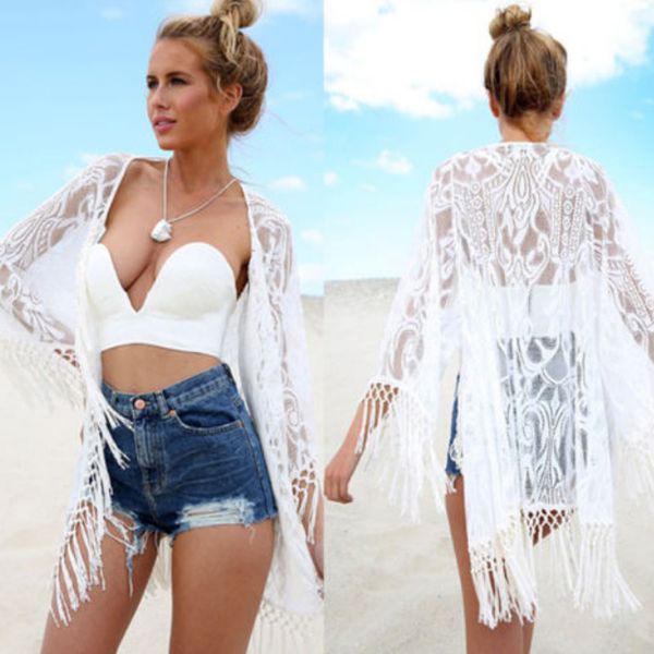 

women bikini cover-up white shirts mujer summer lace tassel transparent swimsuit covers up female bathing suit beachwear, Blue;gray