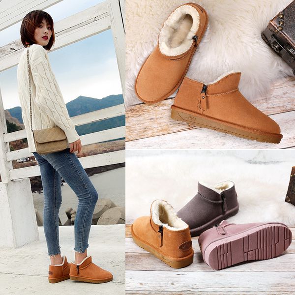 

leather snow boots female short oblique zipper korean version of the wild student boots winter warm cotton shoes bread shoes, Black