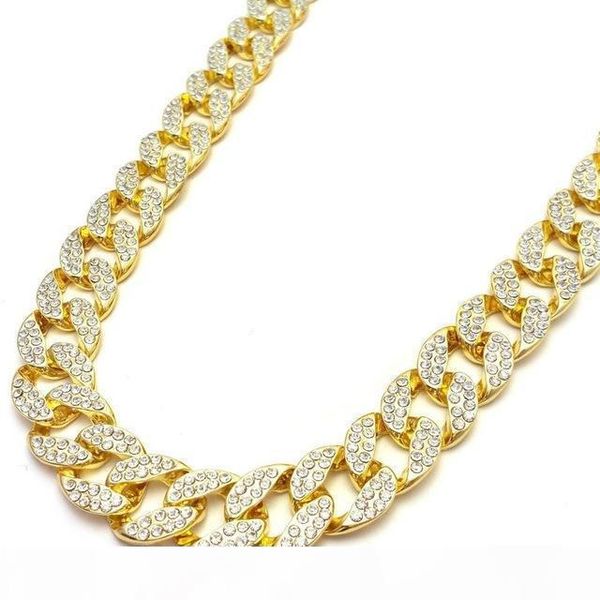 

men's hip hop necklace gold iced out bling rhinestone crystal goldgen finish miami cuban link chain fashion jewelry 18 20 24 30 36 inch, Silver