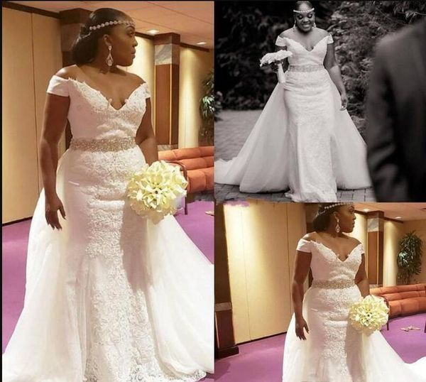 

african mermaid wedding dresses with detachable train vneck off the shoulder beaded sash appliques lace wedding gowns plus size bridal gowns, White