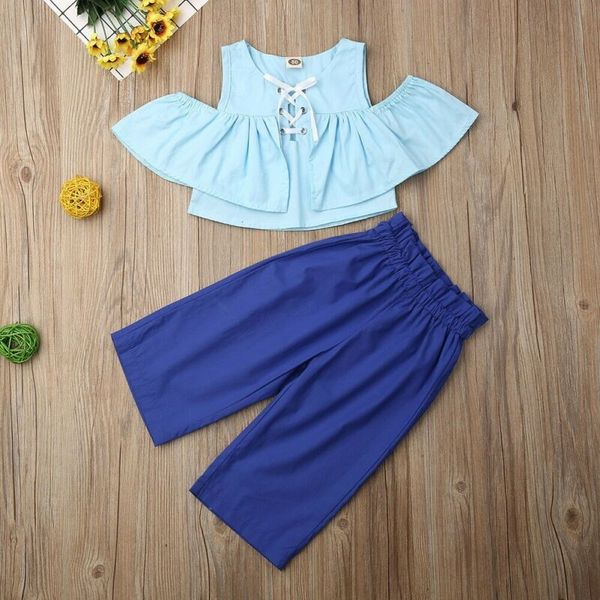 

2pcs fashion toddler kid baby girl outfit set toddler kid baby girl clothes ruffle crop wide long pants summer outfit set, White
