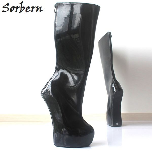 

sorbern fetish 20cm extreme high heel heelless ponyplay boots for womens plus size thick platform knee-high ballet boots, Black