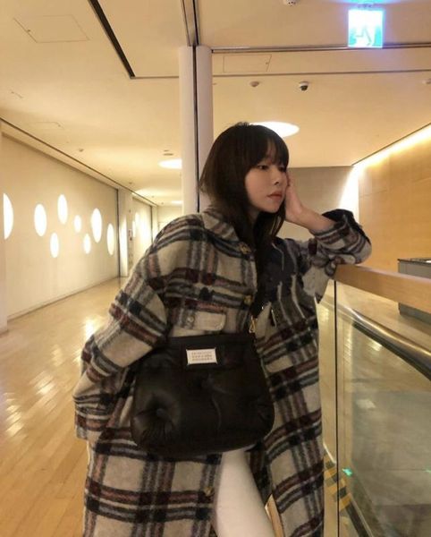 

ins британский стиль клетчатое шерстяное длинное пальто overkee, Black;brown