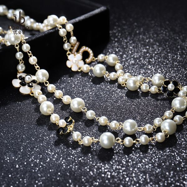

wholesale- luxury designer classic flower elegant bright pearl multi layer long winter sweater statement necklace for woman, Black