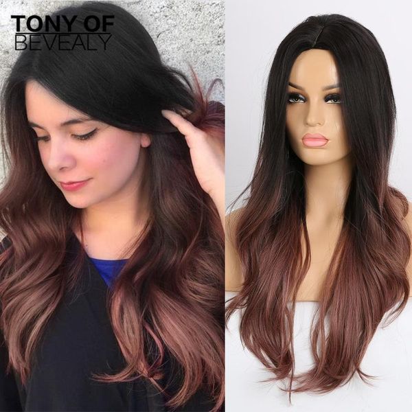 

long wavy ombre black wine red wigs heat resistant synthetic wigs for afro women natural middle part hair female cosplay