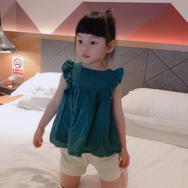 

детская дизайнерская одежда для девочек, наборы lovely без рукавов, зеленая рубашка сплошного цвета + короткие летние летние лолиты из 100%, White