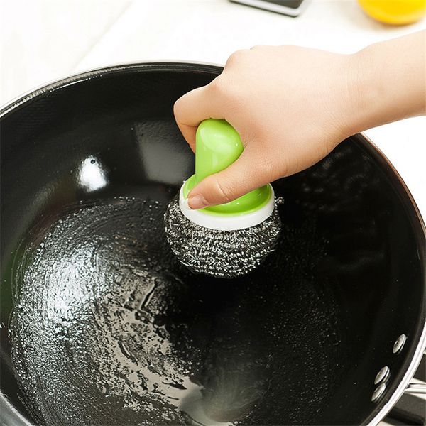 

красочные кухни стальной проволоки болл щетка для чистки с ручкой моющее средство для кухни инструмент для мытья горшка блюдо pan чаша 3-х ц
