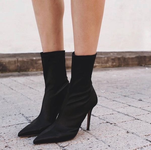 

goxpacer stretch fabric women boots pointed toe mid calf shoes women elastic cloth new casual fashion slim comfortable sell, Black