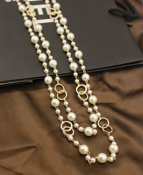 

fashion designer luxury classic style diamonds rhinestones elegant bright pearls long sweater statement necklace for woman white black