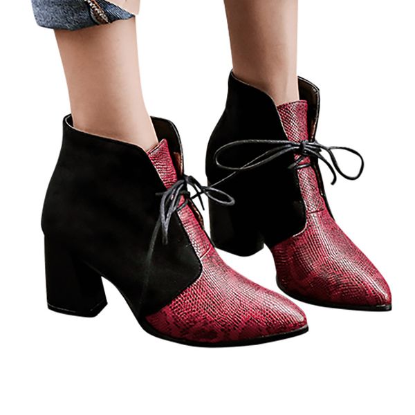 

snow boots 2019 warm fashion snake grain pointed toe lace-up boots square heels vintage women winter shoes ankle boots#1, Black
