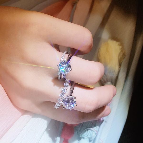 

sparkling couple rings infinity brand new luxury jewelry 925 sterling silver white z six claw eternity women wedding bridal ring set, Slivery;golden