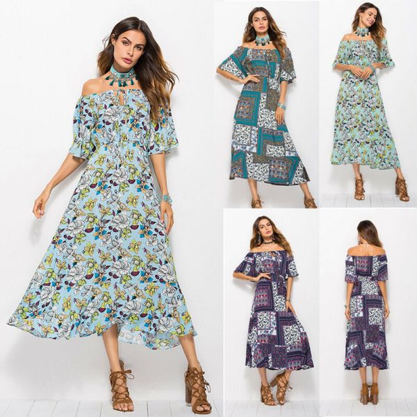 

fashion women's summer printed maxi party beach floral dress off shoulder loose bohemian long dress, Black;gray