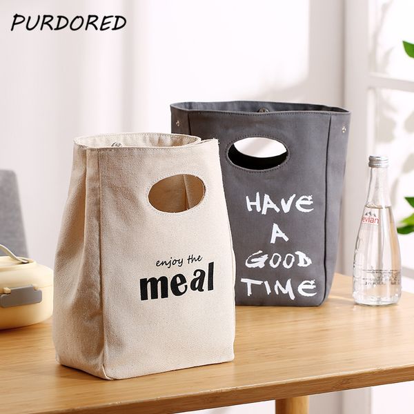 

purdored 1 pc portable canvas insulated lunch bag for women solid color lunch bag doubles sides thermal picnic bento box, Blue;pink