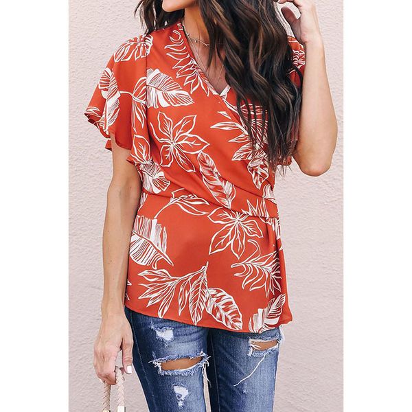 

ins floral print shirt womens summer new european version v-neck short-sleeve loose-fit pullover womens blouses on behalf of sale, White