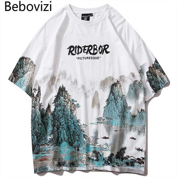 

bebovizi mens hip hop chinese style t shirts landscape painting streetwear tshirt harajuku oversized t-shirt cotton tees, White;black