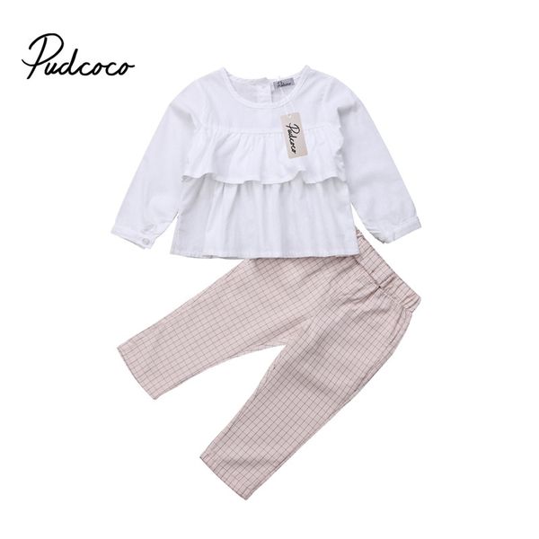 

pudcoco autumn toddler baby girls clothes ruffles white t-shirts +plaid pants lovely sets 2pcs outfit 1-6y