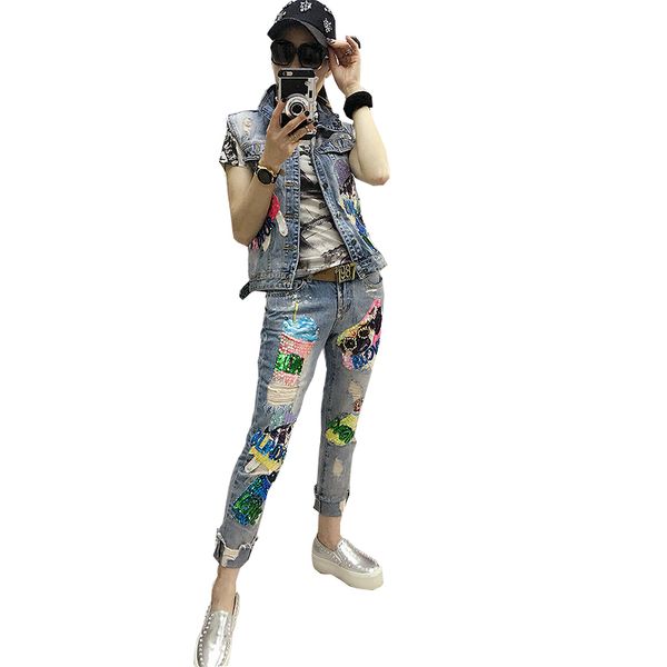 

fluorescent green the new sequins ripped jeans fashion women's wear shuhua176, Blue