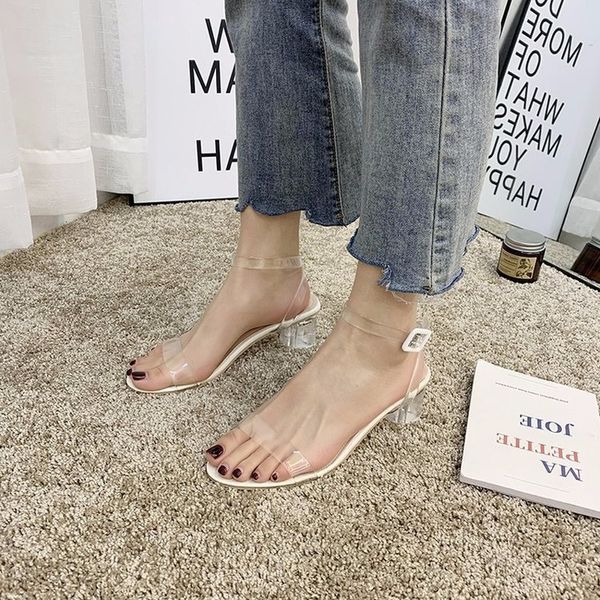 

2020 summer new women sandals female transparent crystal shoes woman pvc word buckle strap clear thick high heels ladies shoes t200327, Black