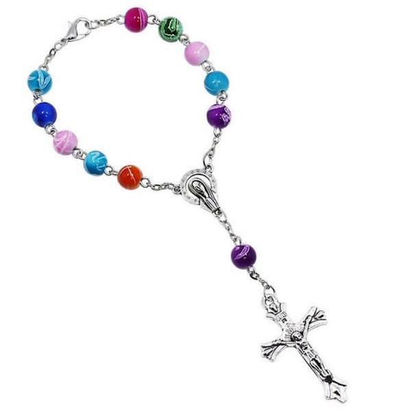 

8 mm colorful acrylic beads catholic rosary bracelet women religious jesus cross crucifix bracelet moq 30 pcs, Golden;silver