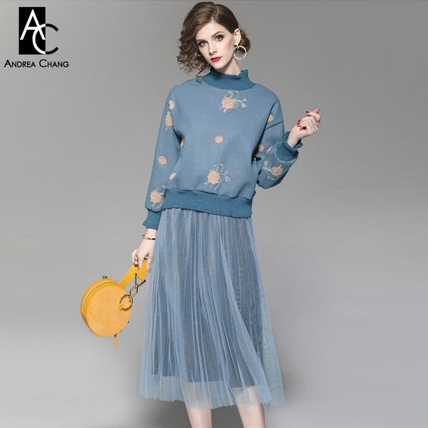

autumn winter woman clothing set khaki flower pattern embroidery blue blouse + calf length gauze skirt fashion casual suit set, White