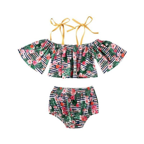 

1-6y summer toddler baby girls bikini sets striped floral off shoulder t shirts +shorts 2pcs beachwear, White