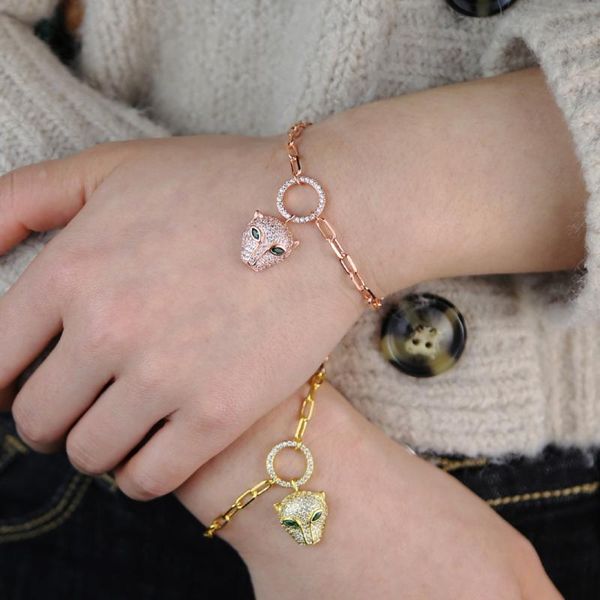 

new animal leopard head design bracelet with green evil eyes micro zircon stones paved pendant link chain bracelet women jewelry, Golden;silver