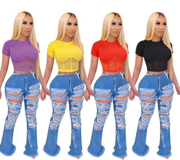 

tees fashion mesh panelled crop casual natural color short sleeve tees womens clothing women new style, White