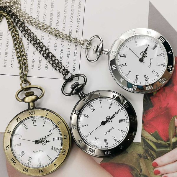 

roman numerals retro charm simple quartz pocket watch ladies men's necklace pendant chain children's gifts, Slivery;golden