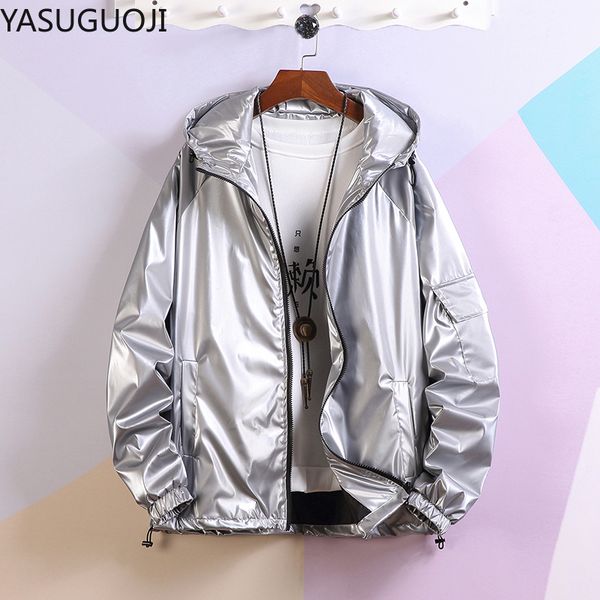 

yasuguoji мода отражающие мужские куртки silver новая весна и осень outwear сыпучие ветровка с капюшоном мужские дизайнерские куртки, Black;brown