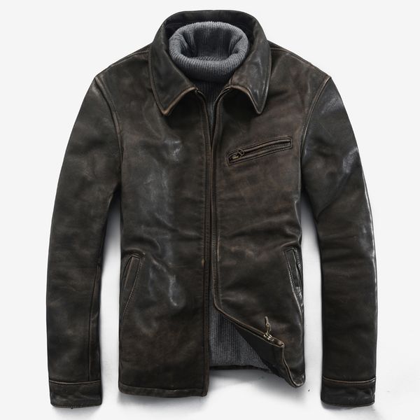 

genuine leather jacket men's cowhide thickening vintege lapel slim locomotive leather coat mens clothing, Black