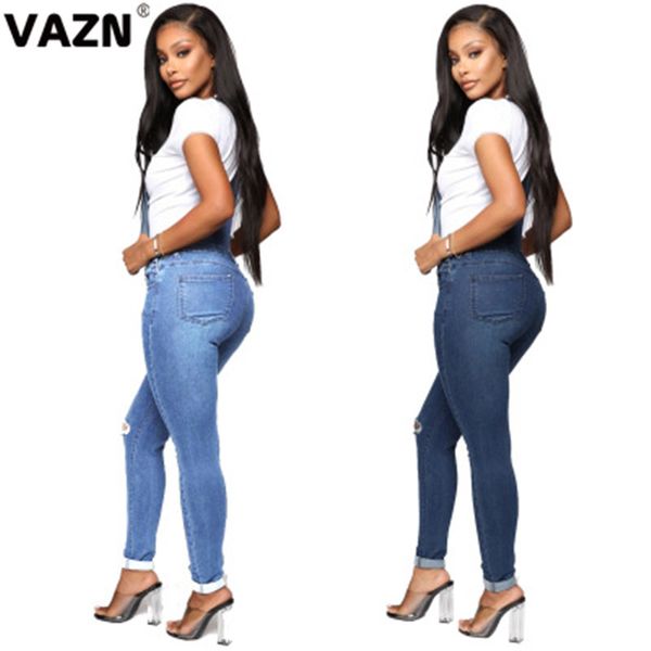 

vazn holiday young 2020 elastic new women casual pockets denim overalls broken hole high belt full-length light blue jeans pants