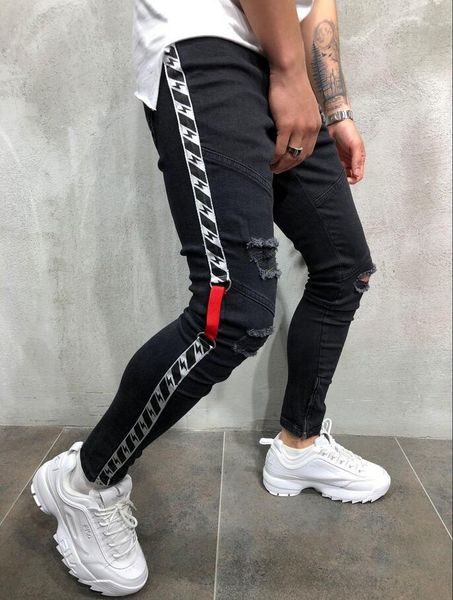 

unique mens slim fit ripped ribbon skinny jeans fashion designer hi-street distressed denim joggers knee holes washed destroyed casual pants, Blue