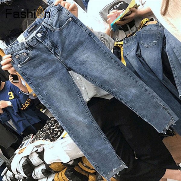 

women straight jeans vintage high waist hole jeans ankle-length-pants cowboy boyfriend pants plus size woman streetwear, Blue